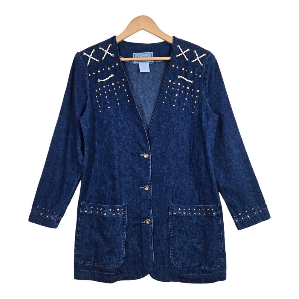 Vintage Embellished Denim Blazer Jacket Nautical Western Dark Wash